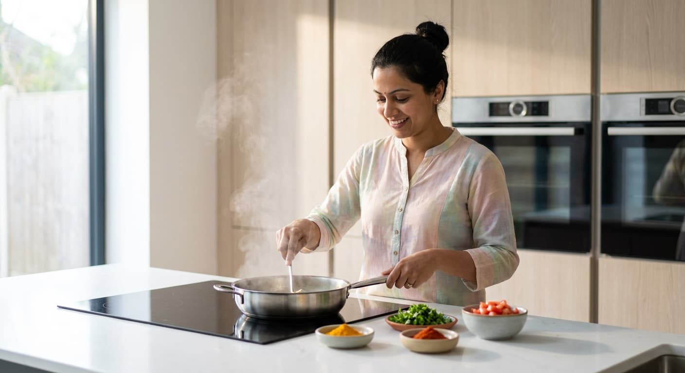 A home chef stirring a steaming pan in her kitchen